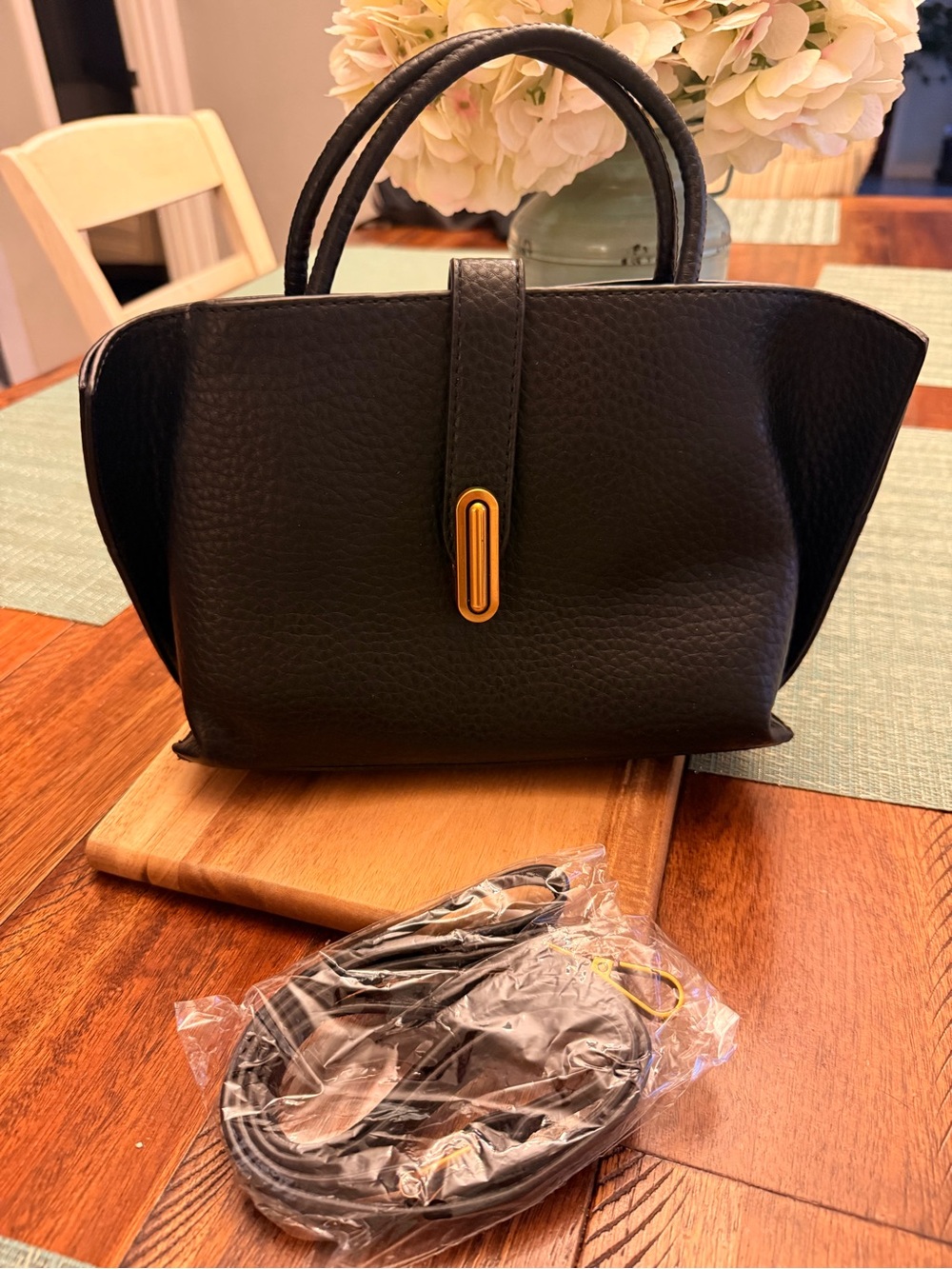 Black Leather Top-Handle Women's Bag with Gold Accent, NWOT